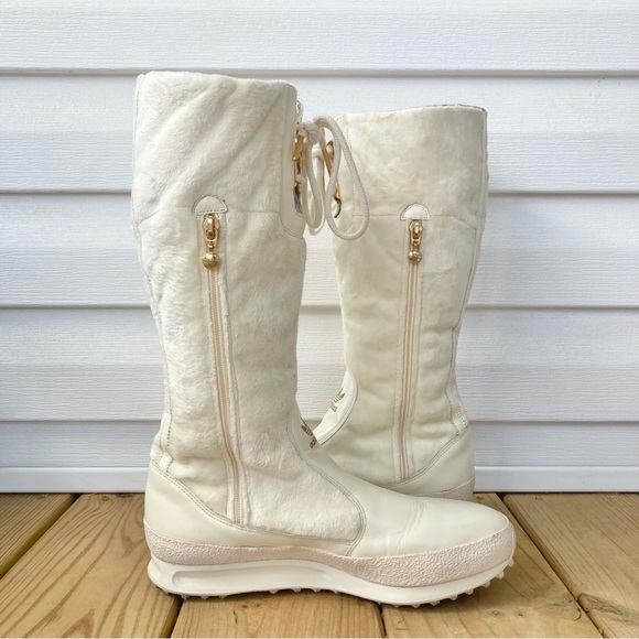 VTG Y2K Adidas Arosa High Tall Fur Leather Boots Ivory White Womens 8 RARE - Picture 4 of 12